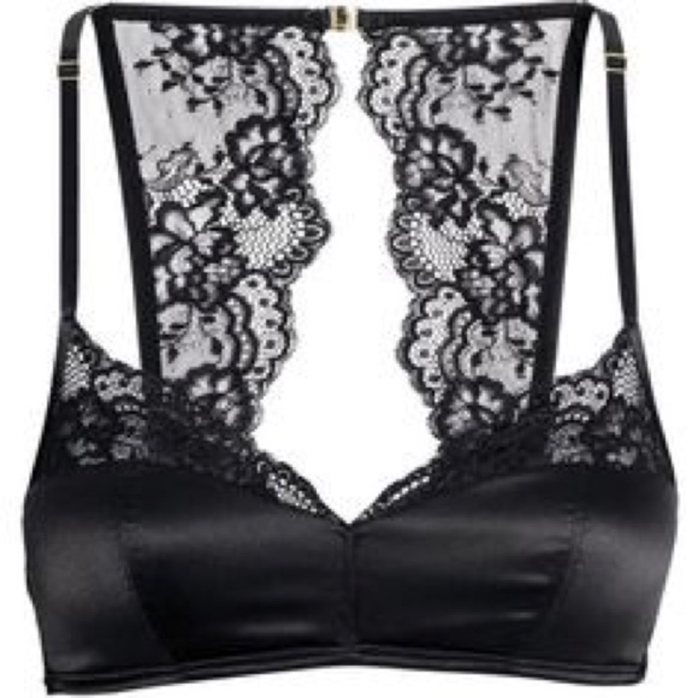 H&M Intimates Black Lace Racerback Bra Bralette Sexy Details Trim Satin Gold M